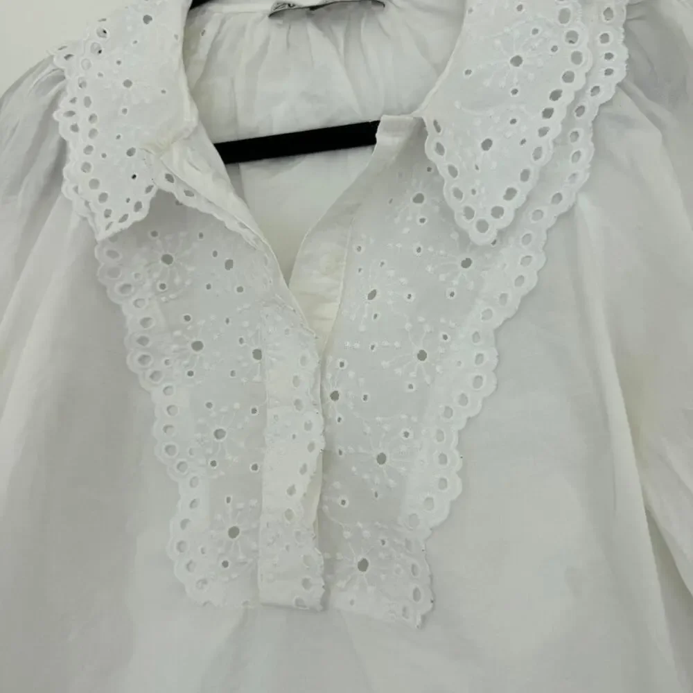 Zara white cotton blouse with lace eyelet collar